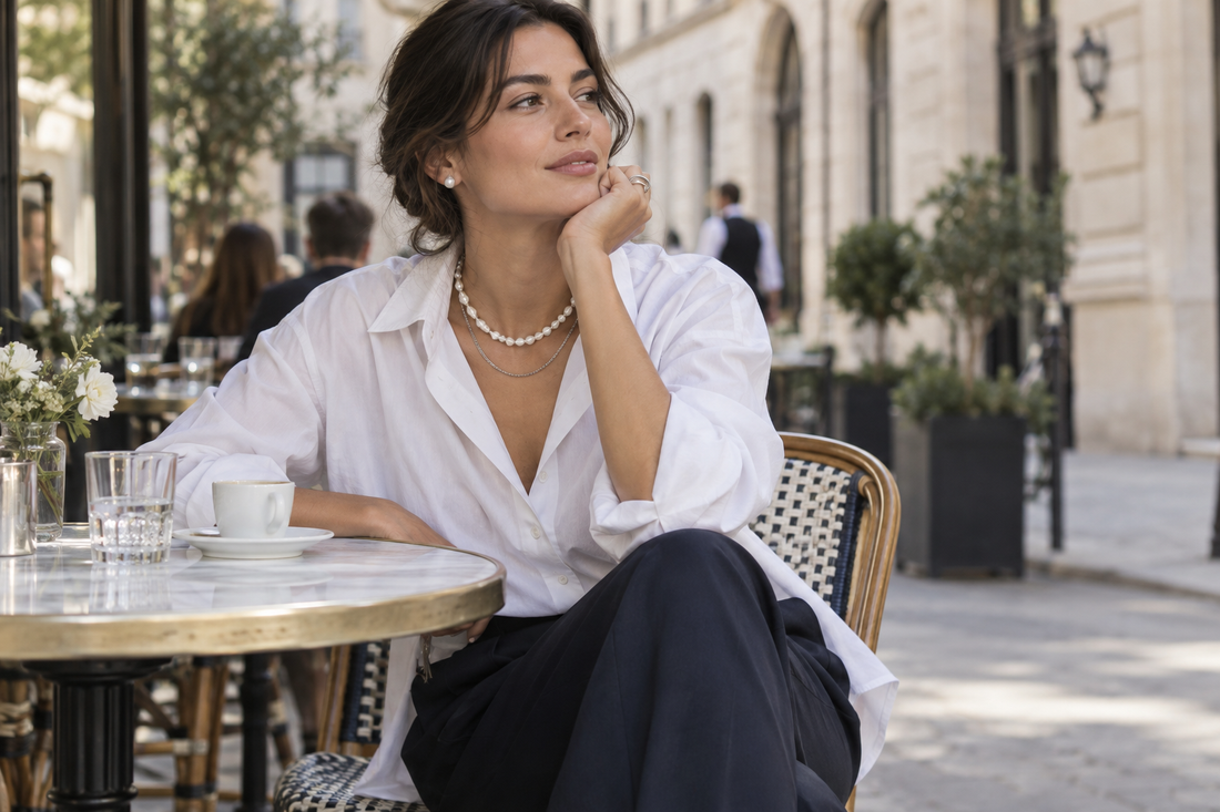 Collier de perles irrégulières superposé à une chaîne sur une chemise blanche contemporaine