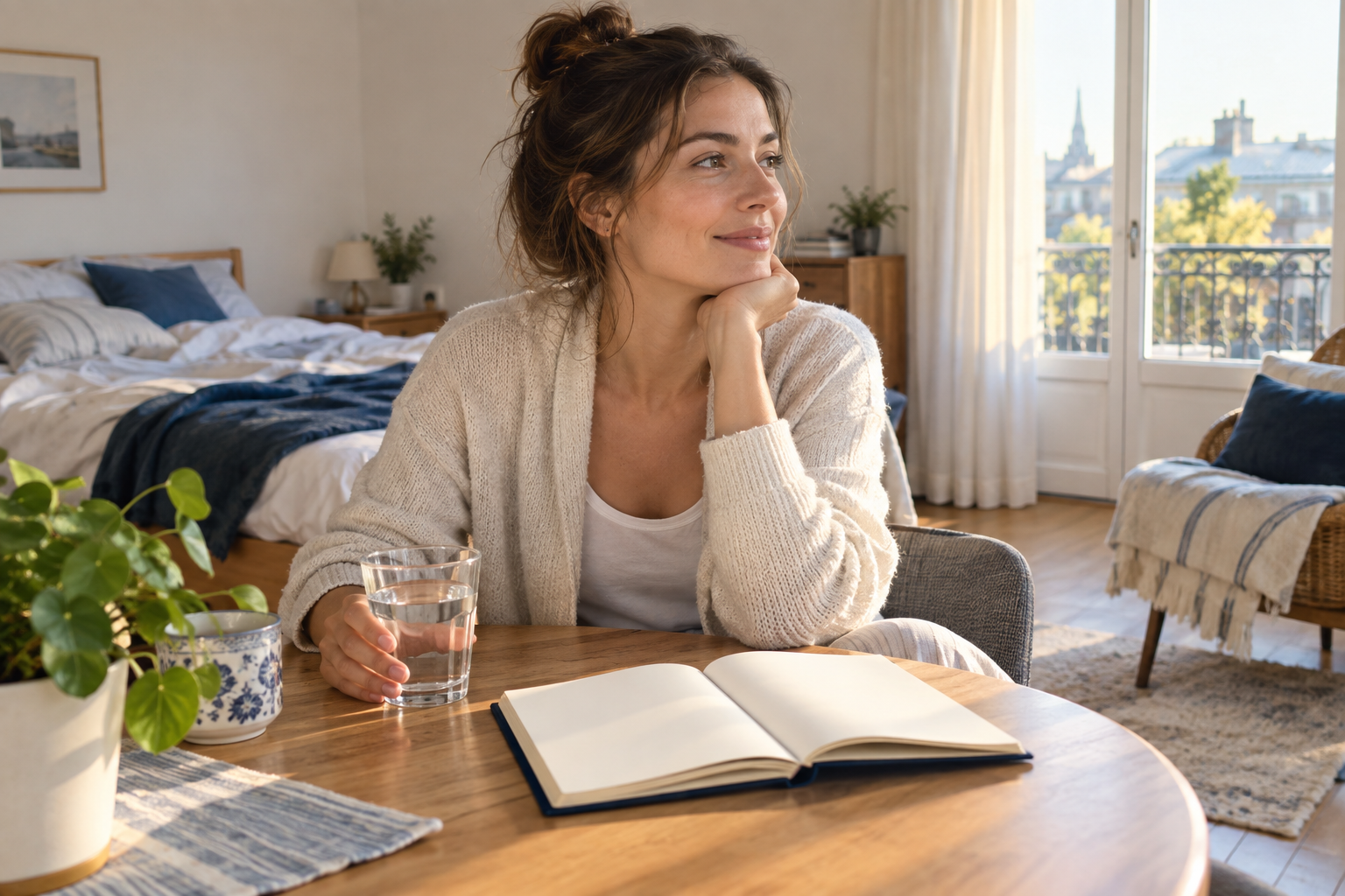Personne commençant une routine matinale simple avec un verre d’eau et un carnet