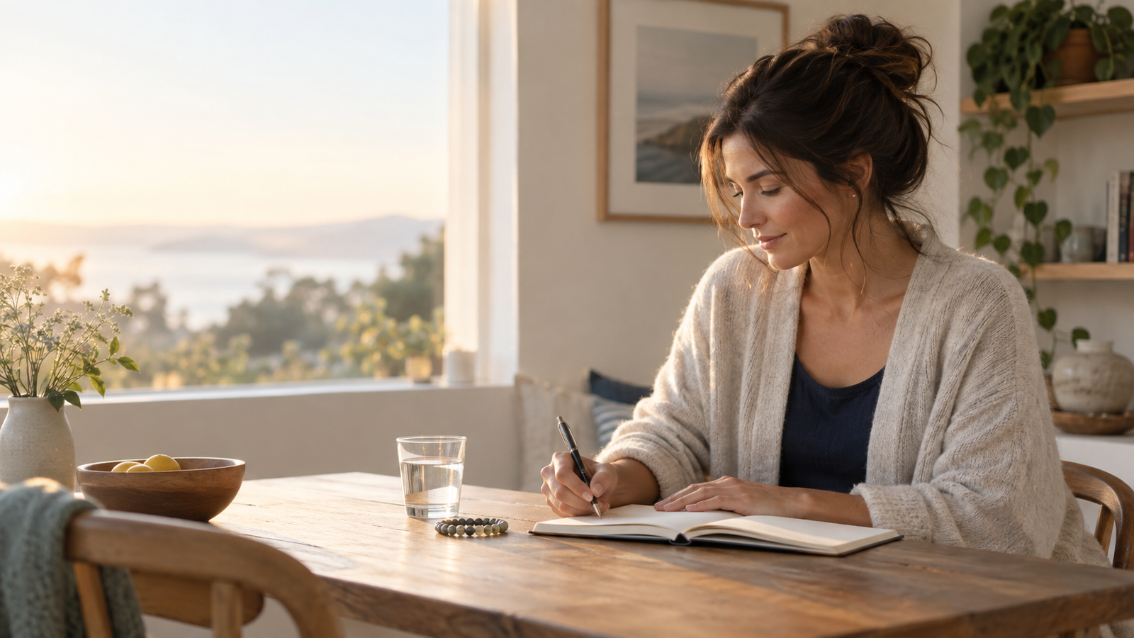 Femme écrivant son intention du jour dans un carnet à la lumière du matin