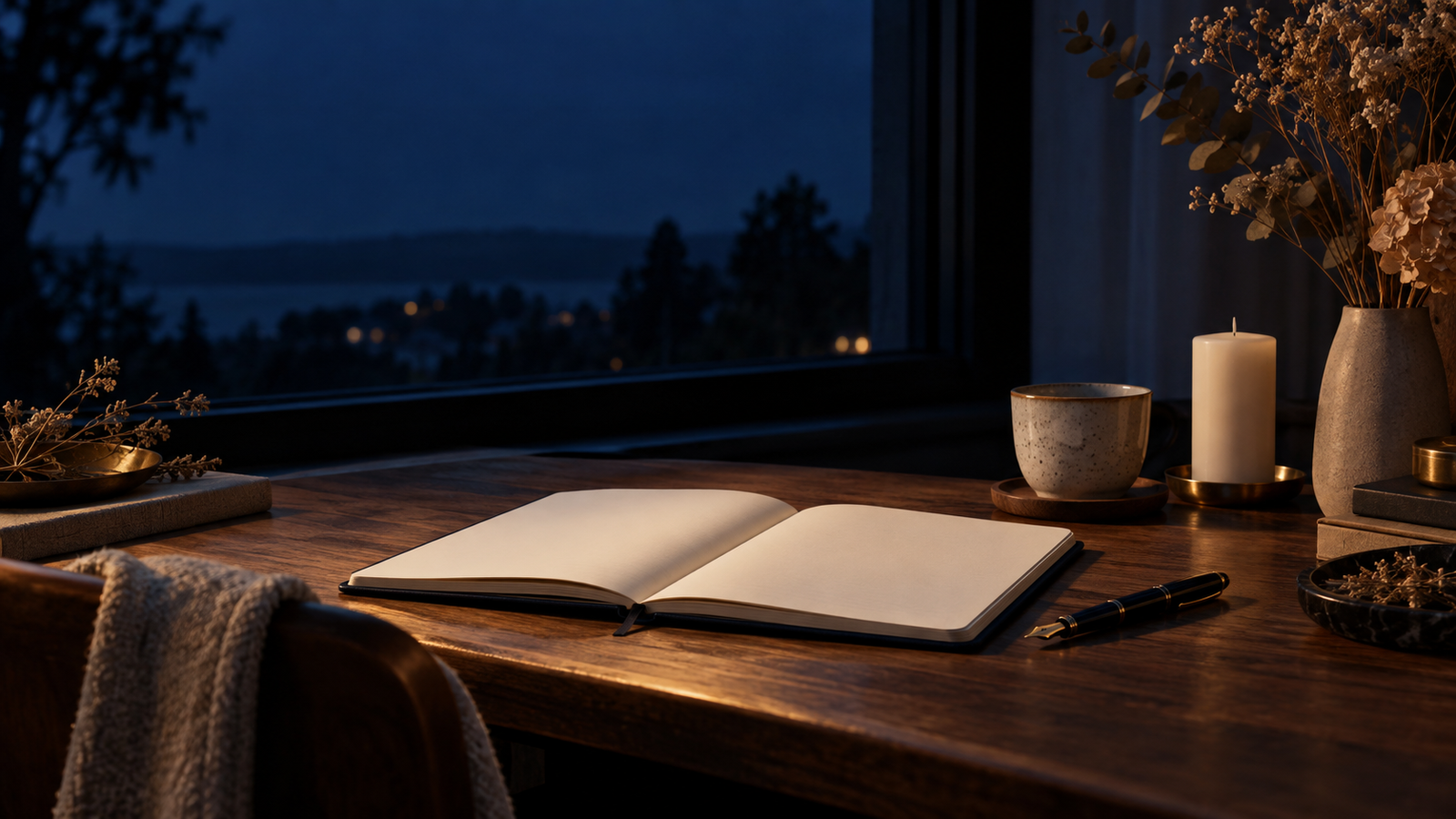 Carnet ouvert sur un bureau calme au crépuscule