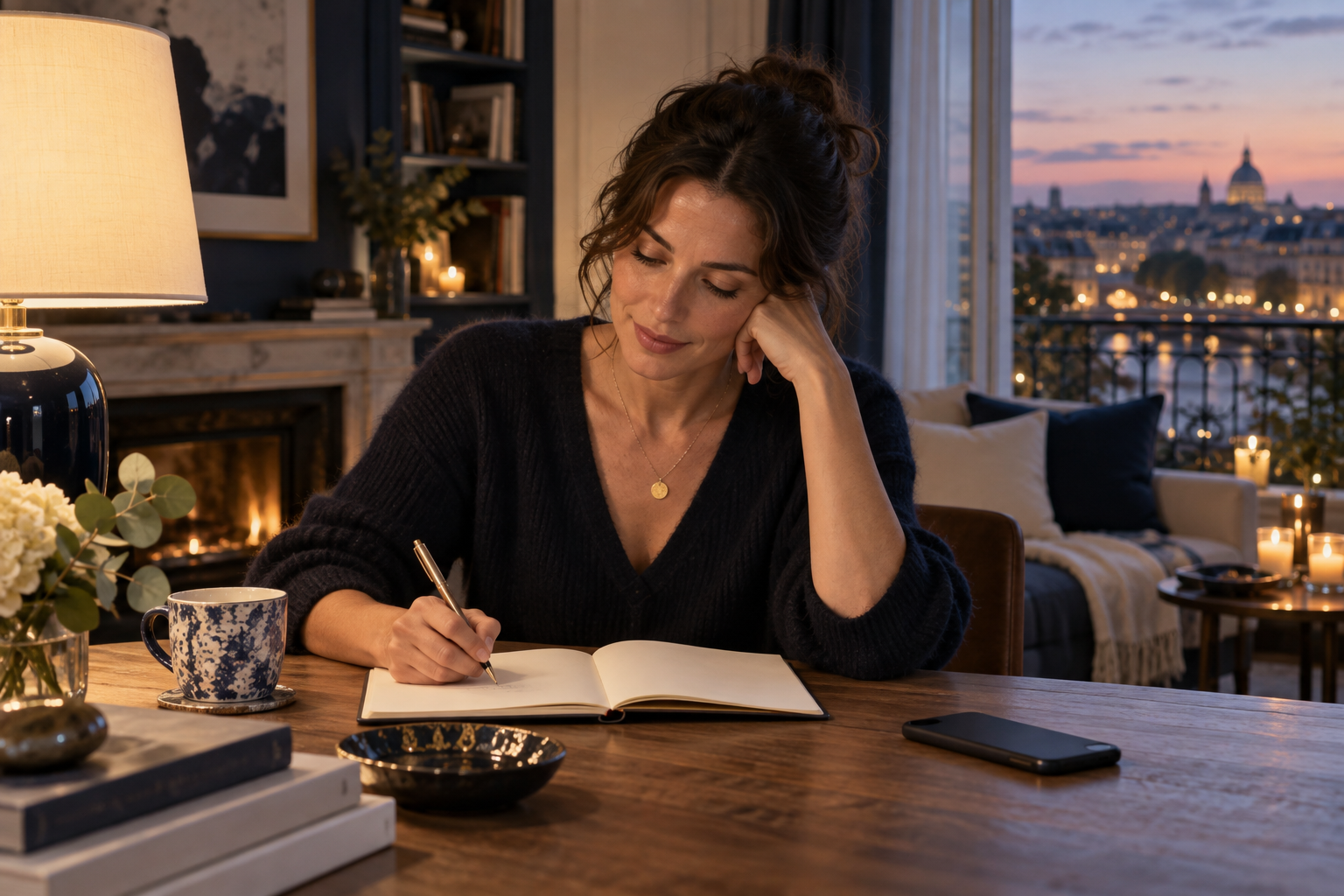 Rituel du soir : écrire un bilan calme à la lumière d'une lampe