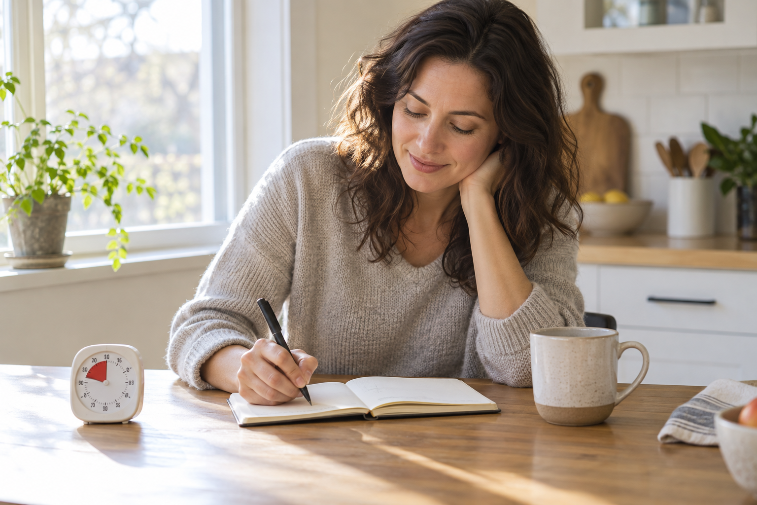 Femme écrivant dans un carnet pendant une routine de gratitude de cinq minutes