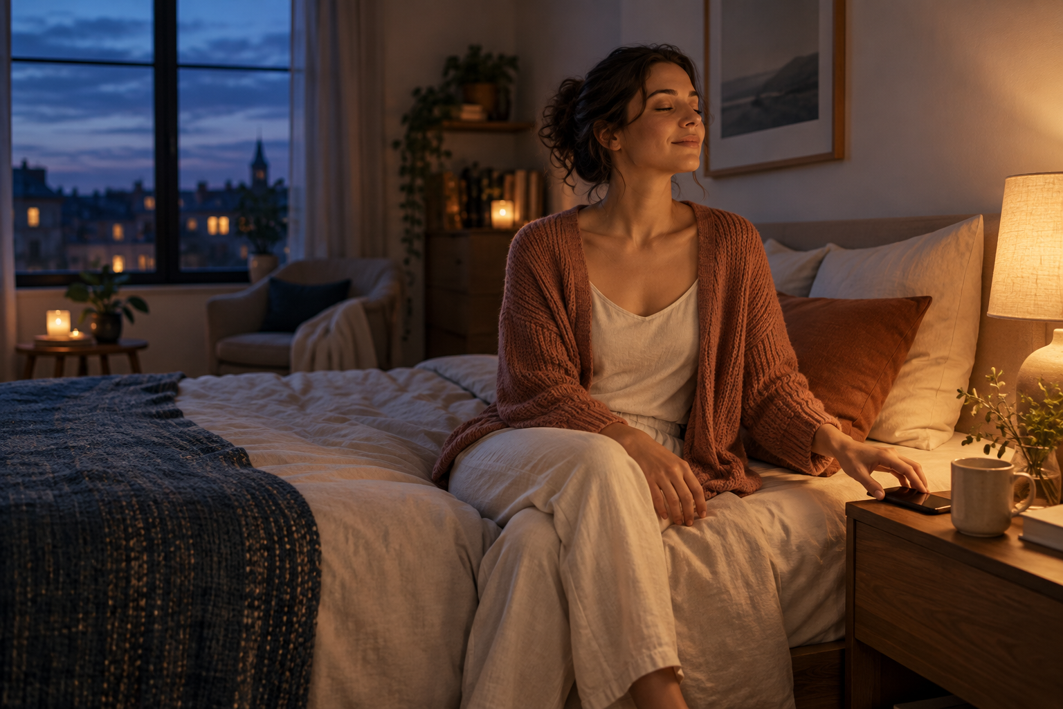 Femme assise sur son lit au crépuscule pendant une routine de relaxation du soir