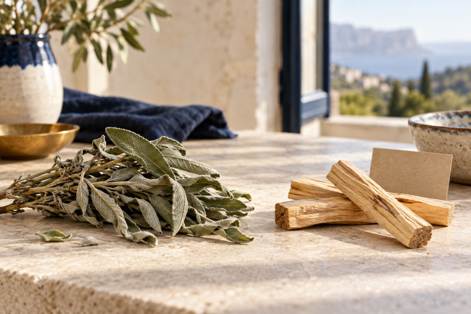 Sauge séchée et palo santo non allumés sur une table