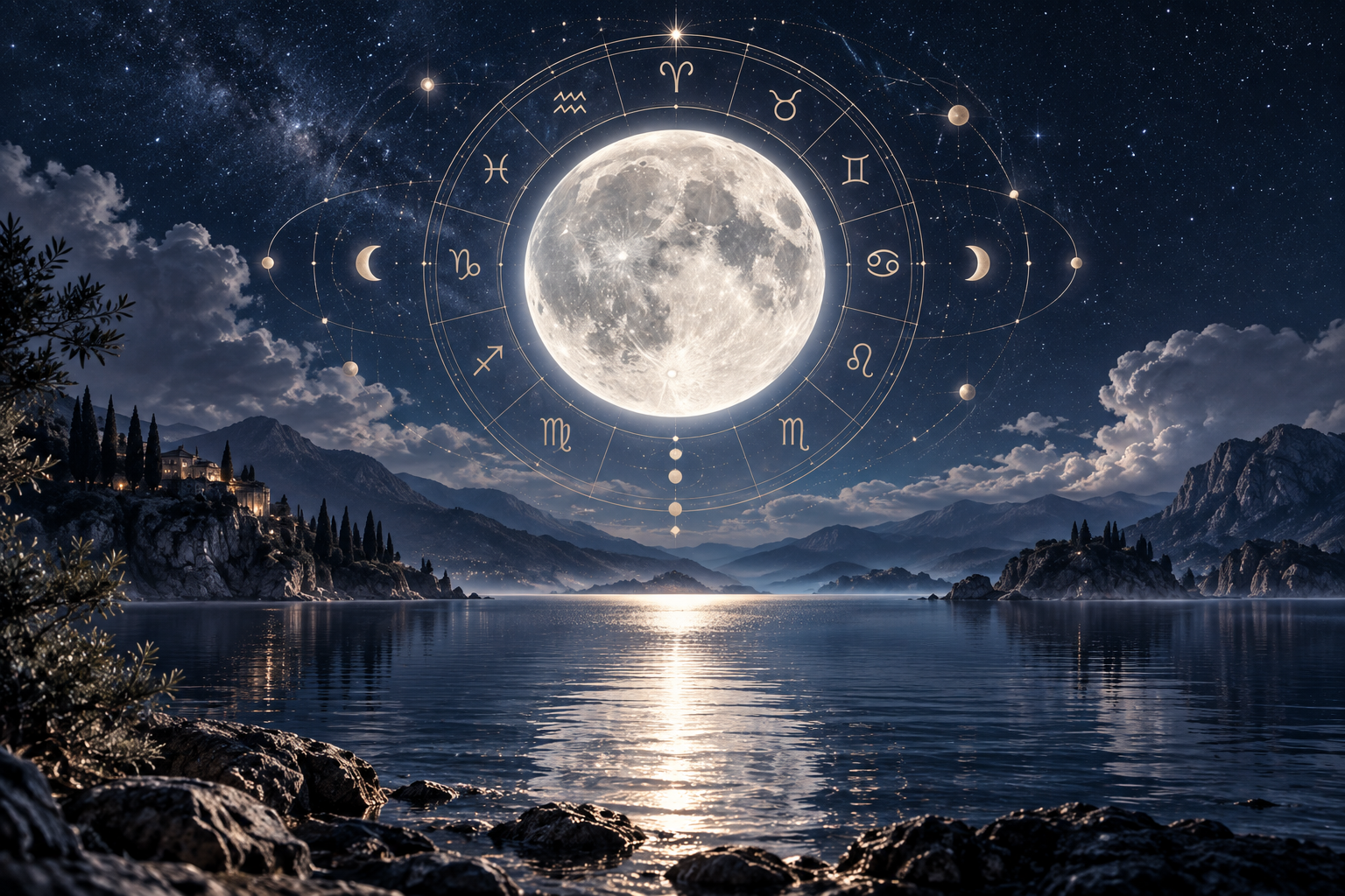 Lune lumineuse entourée d’une roue zodiacale au-dessus d’un paysage nocturne