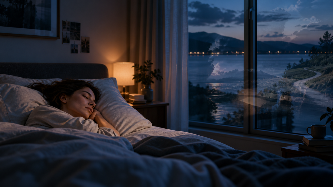 Femme endormie dans une chambre calme avec un paysage onirique reflété dans la fenêtre