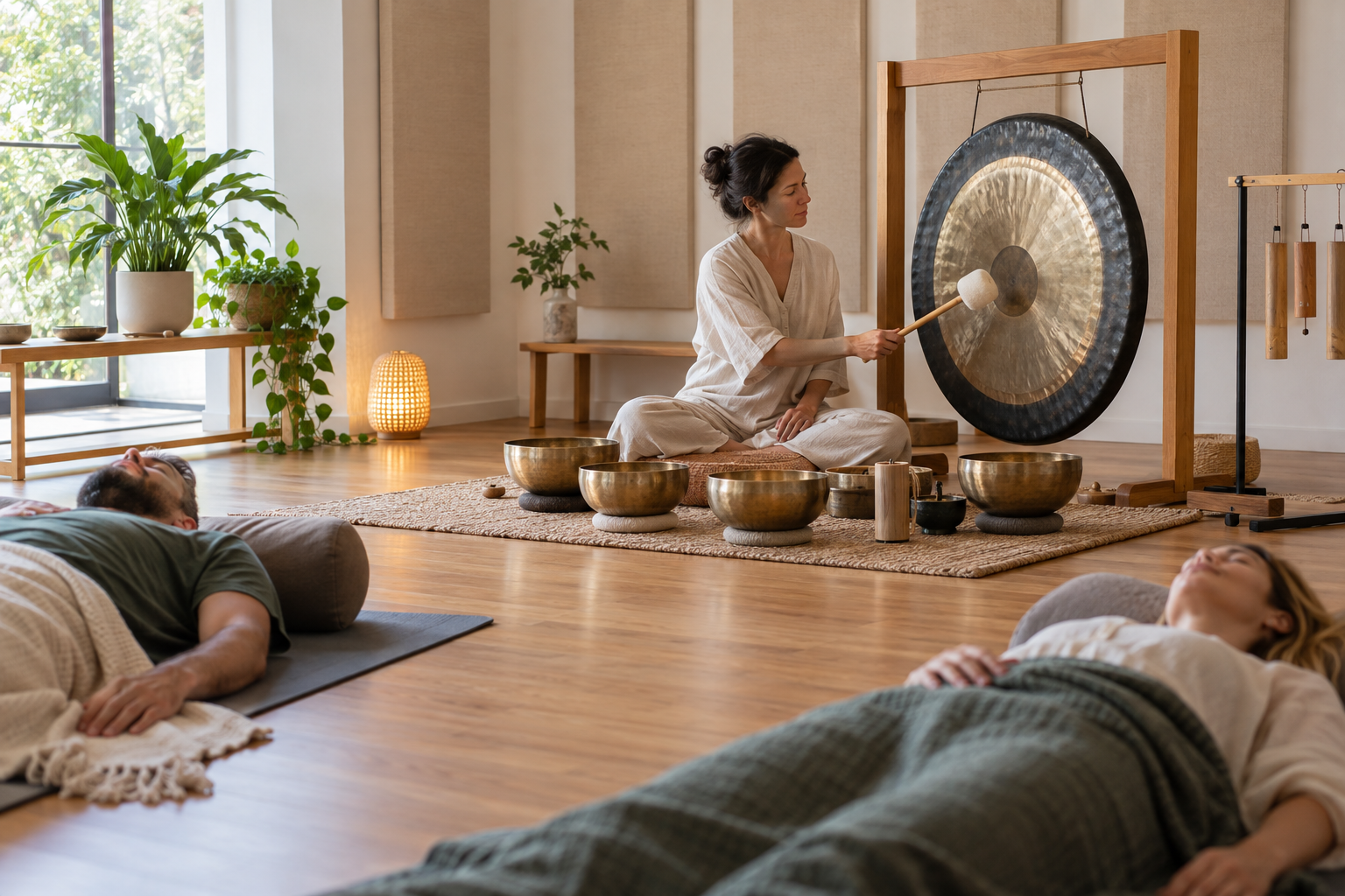 Séance contemporaine de sonothérapie avec gong et bols sonores