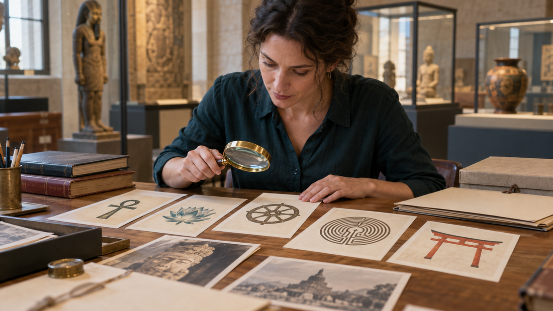 Chercheuse étudiant des reproductions de symboles dans une salle de musée