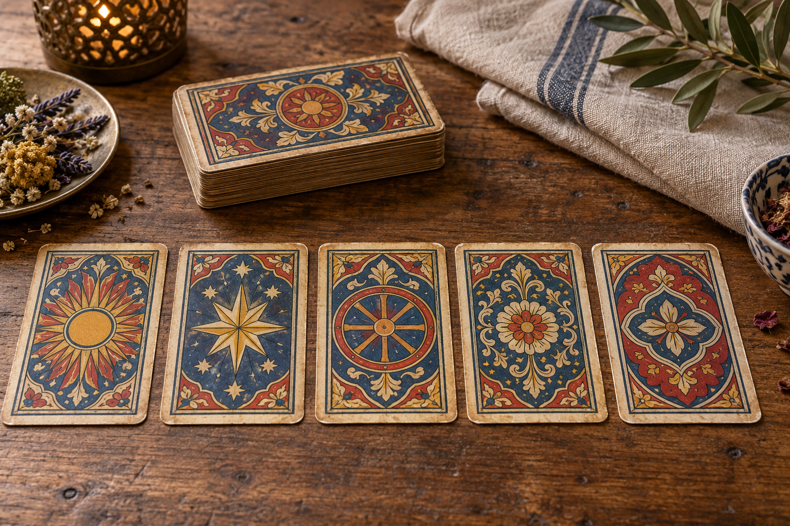 Jeu de cartes ancien aux motifs solaires et floraux