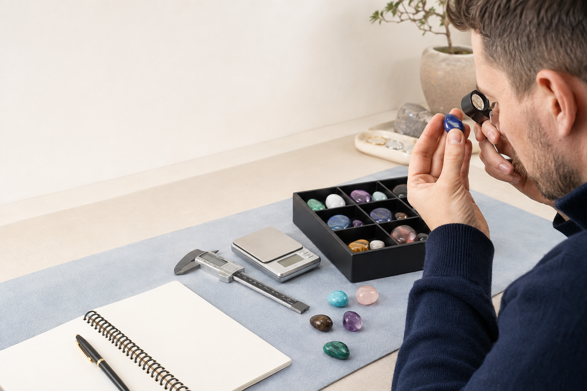Collectionneur examinant une pierre avec loupe, balance et pied à coulisse