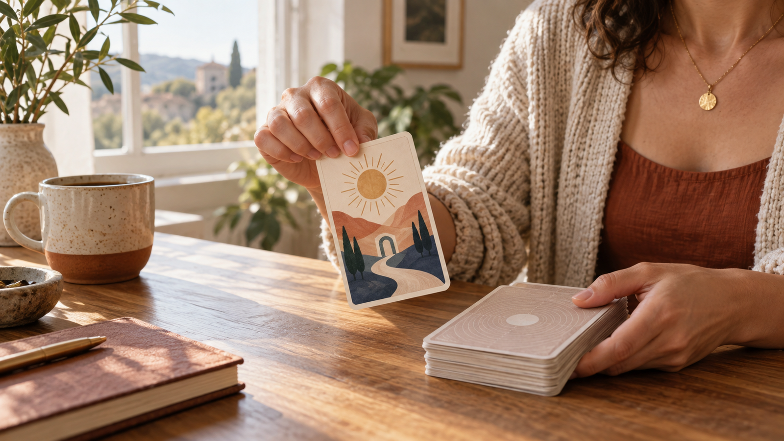 Personne tirant une carte symbolique originale sur une table en bois