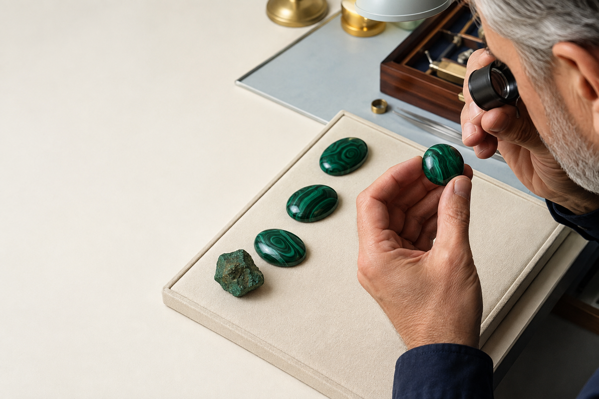 Gemmologue examinant plusieurs malachites polies et un spécimen brut
