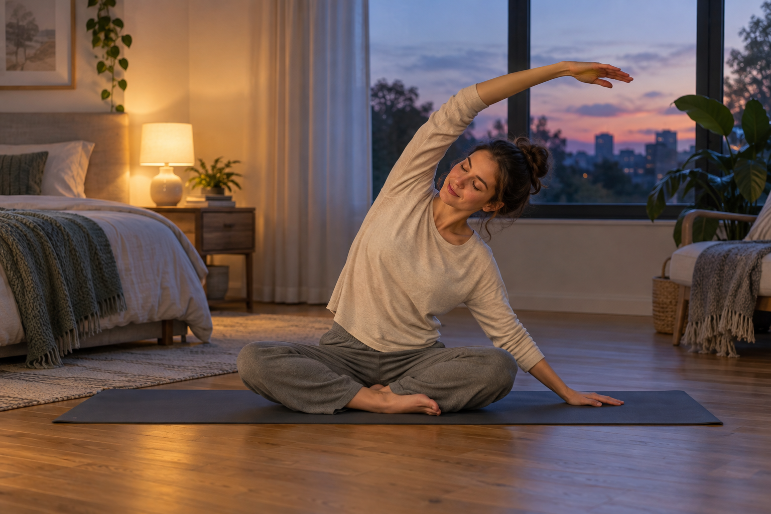 Femme pratiquant un étirement latéral doux en position assise le soir