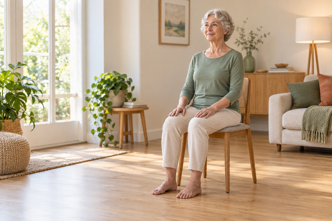 Femme plus âgée assise correctement sur une chaise pour une séance de yoga accessible