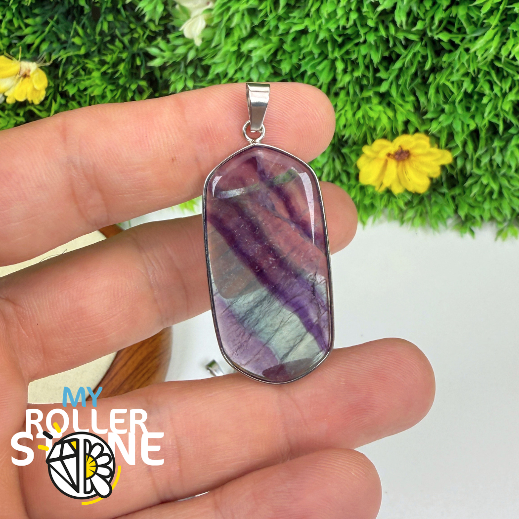Pendentif serti plaque en Fluorite arc en ciel
