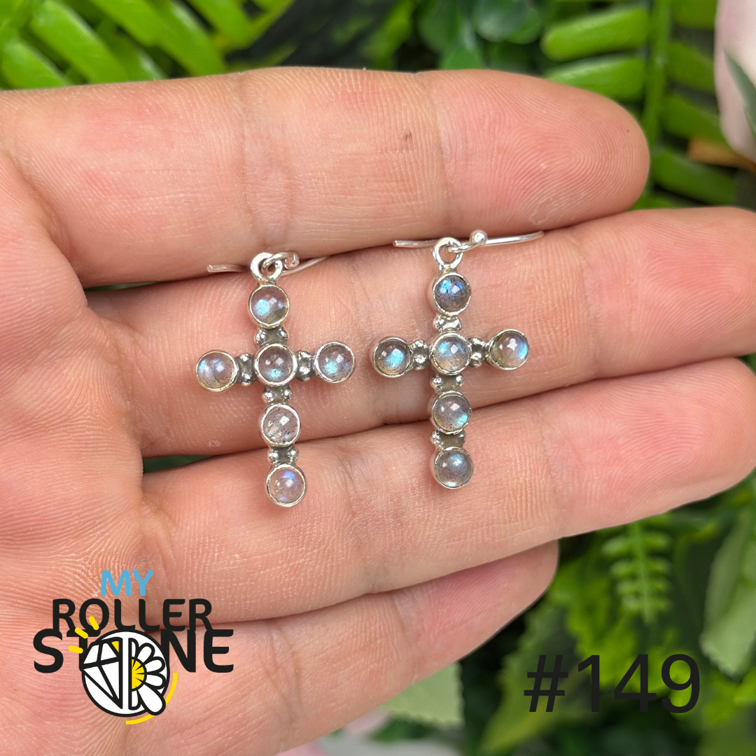 Boucles d’oreilles forme Croix argent 925 labradorite #E149