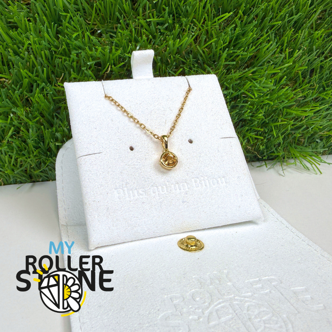 Pendentif Soliatire Citrine Sertie Ronde Argent 925 Plaqué Or