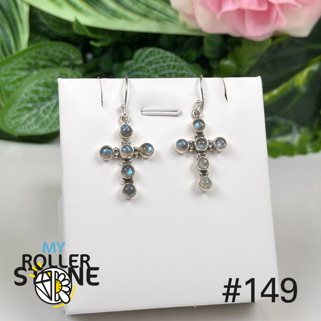 Boucles d’oreilles forme Croix argent 925 labradorite #E149