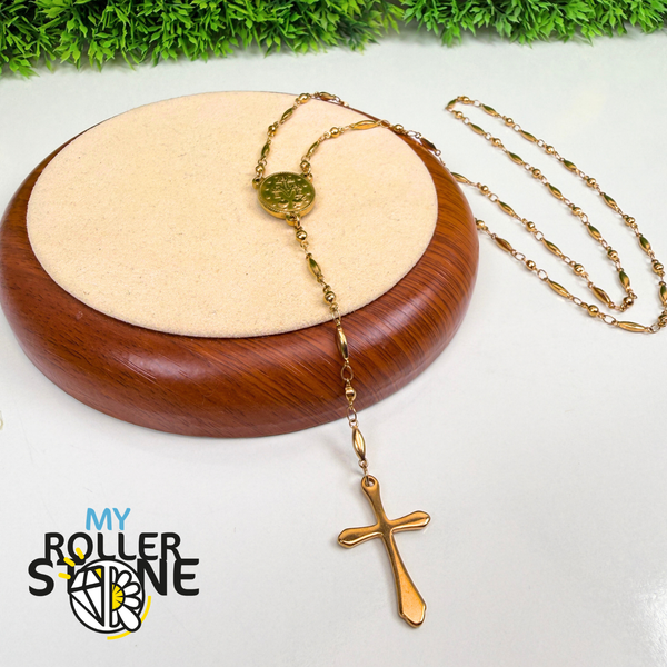 Chapelet de prière doré avec croix et médaille Vierge Marie My Roller Stone