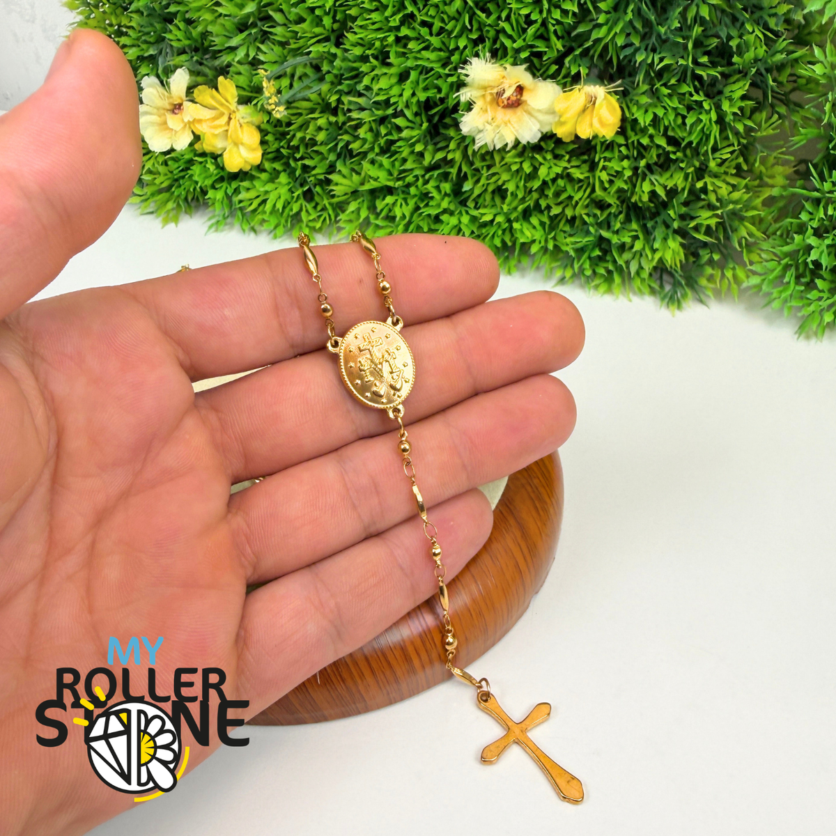 Chapelet de Prière Doré – Croix & Médaille Vierge Marie – Acier Inoxydable 201