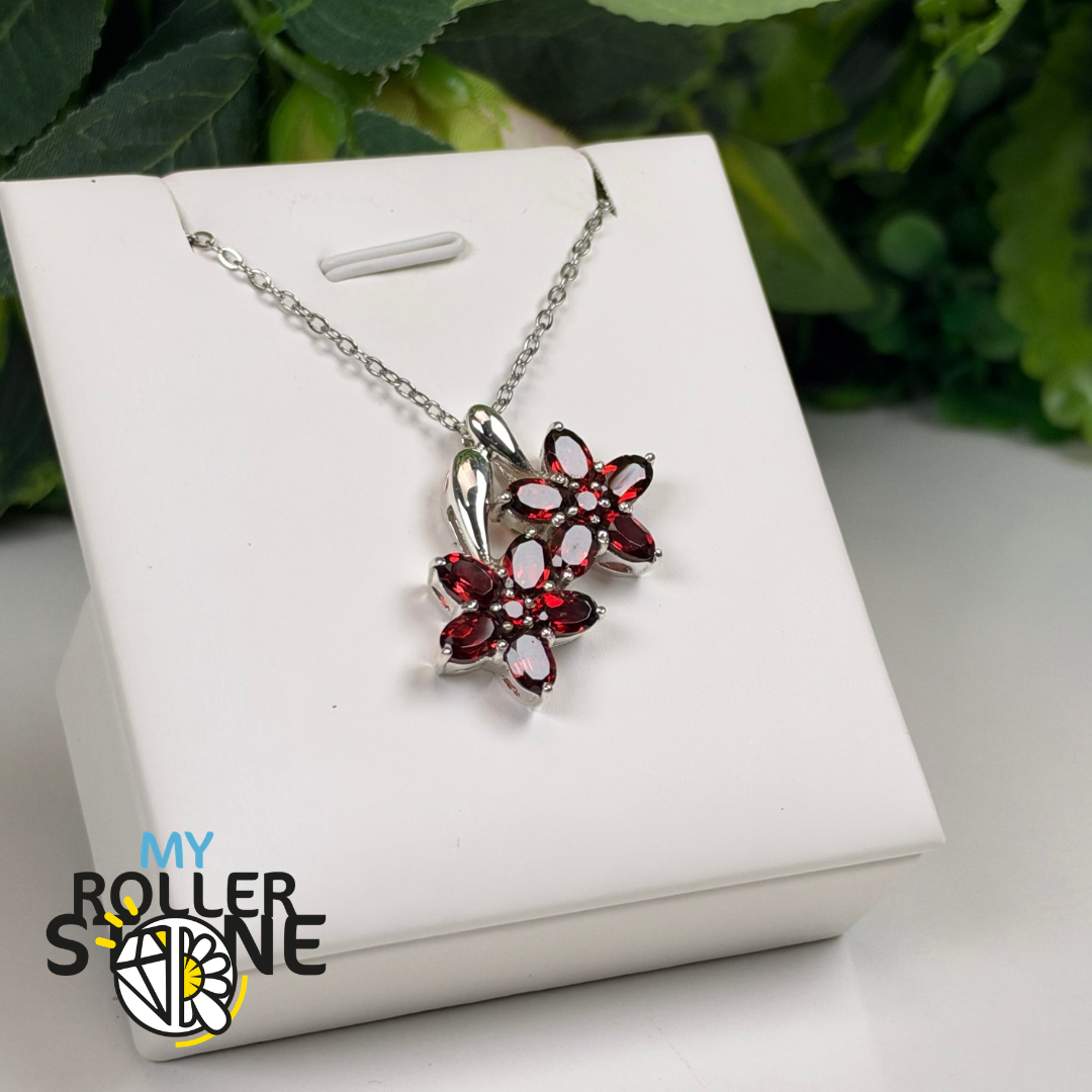 Pendentif Fleur en Grenat Rouge et Argent 925 #P1306G