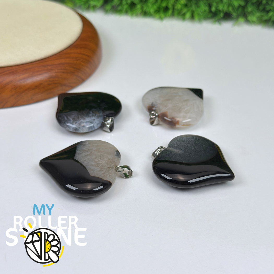 Pendentif cœur Agate noire et Cristal de roche