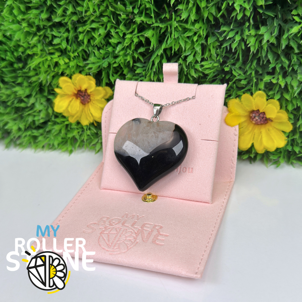 Pendentif Coeur Agate Noire et Cristal de Roche