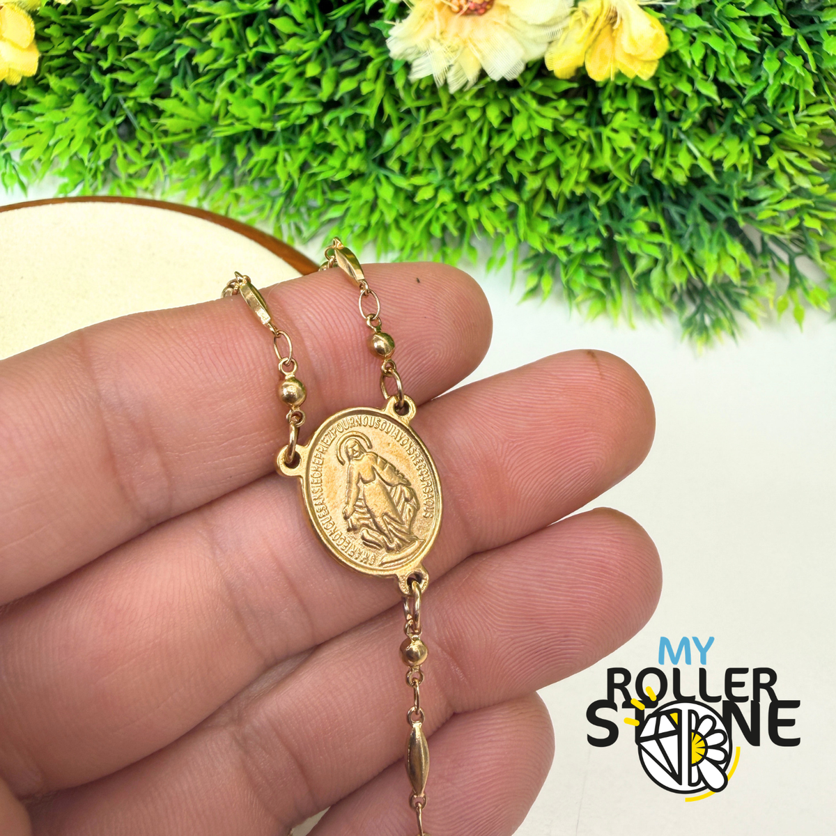 Chapelet de Prière Doré – Croix & Médaille Vierge Marie – Acier Inoxydable 201