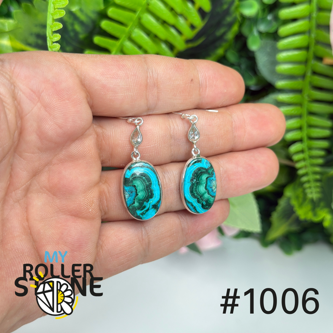 Boucles d’oreilles argent chrysocolle et malachite #1006