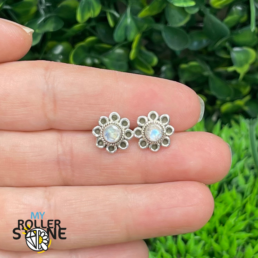 Boucles d&#39;oreilles Pierre de Lune Arc-en-Ciel puce fleur #19