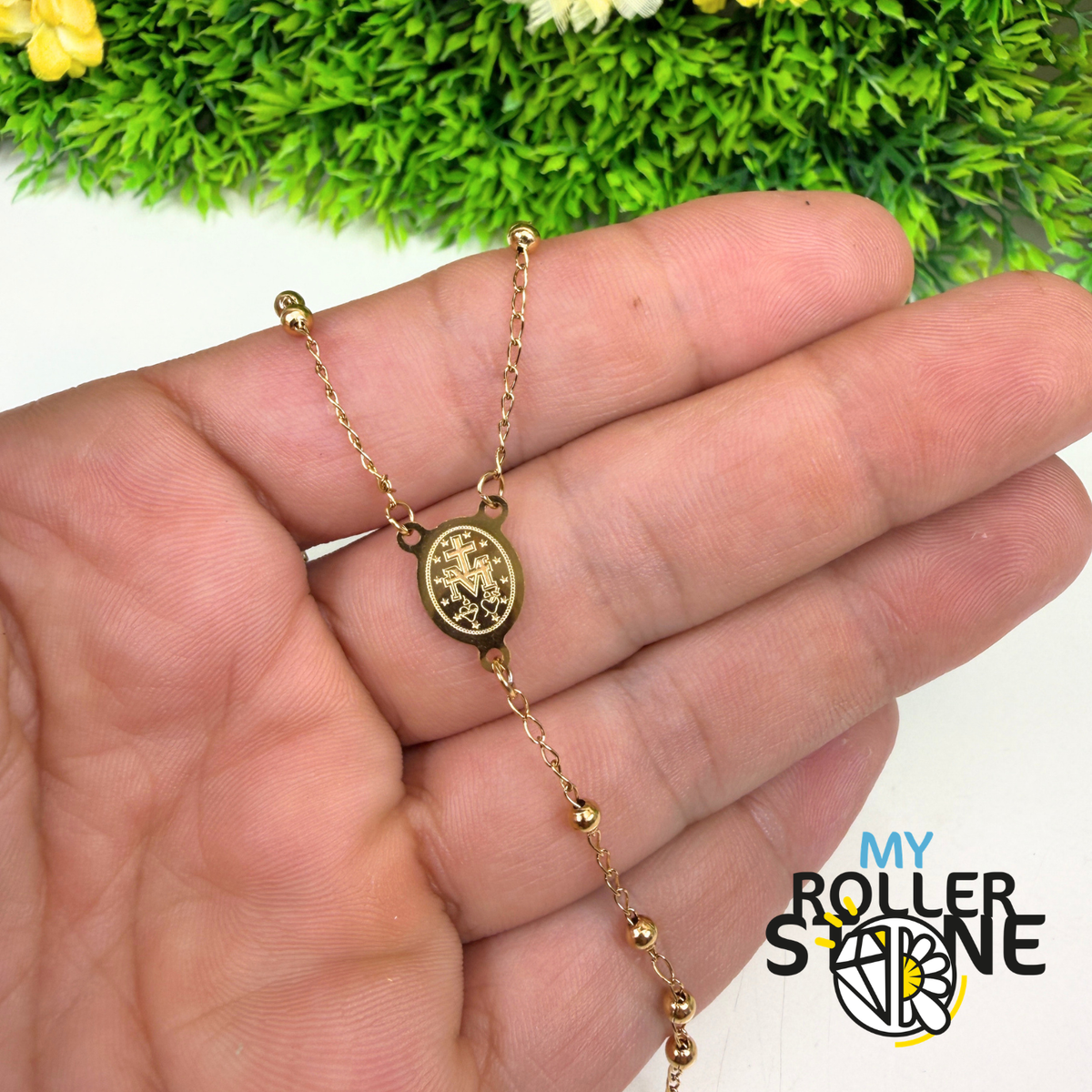 Chapelet de Prière Doré – Croix & Médaille Vierge Marie – Acier Inoxydable 304