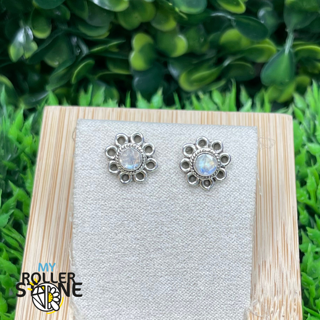 Boucles d&#39;oreilles Pierre de Lune Arc-en-Ciel puce fleur #19