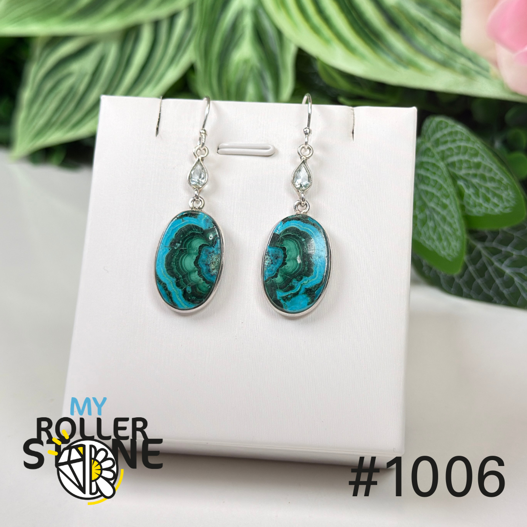 Boucles d’oreilles argent chrysocolle et malachite #1006