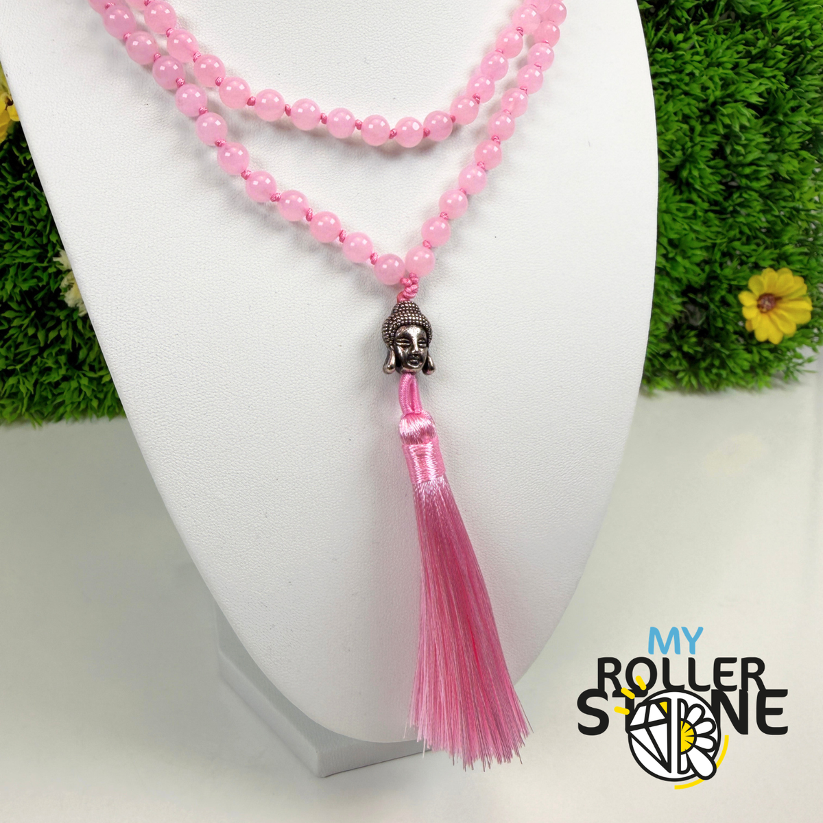 Collier Mala Quartz Rose Naturel – Tête de Bouddha – Pompon