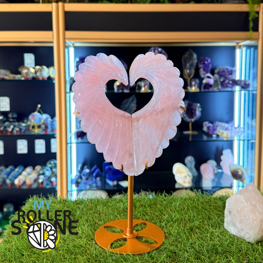 Coeur Ailé en Quartz rose sur Support