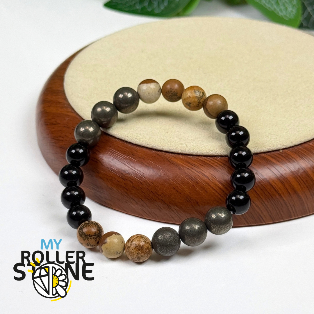 Bracelet Chemin de Vie 22 – Onyx noir, Jaspe paysage & Pyrite