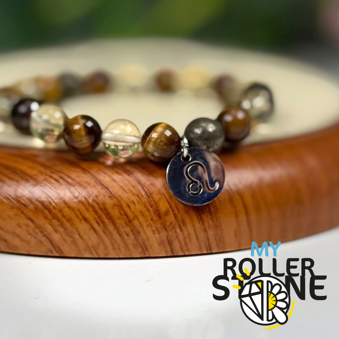 Bracelet Signe Lunaire Lion – Œil de tigre, Citrine & Pyrite