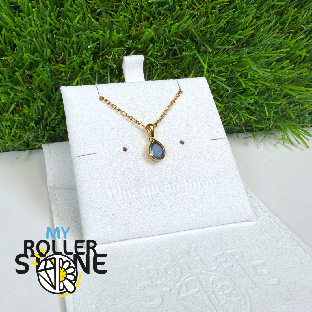Pendentif Solitaire Serti Goutte Labradorite Argent 925 Plaqué Or