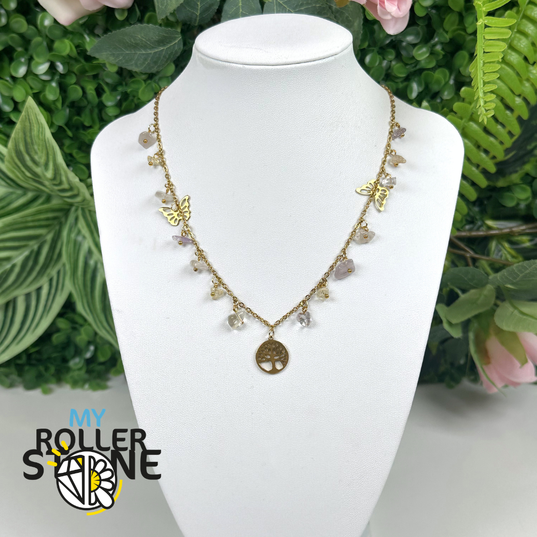 Collier Arbre de Vie en Amétrine Naturelle et Acier Inoxydable 304 Doré