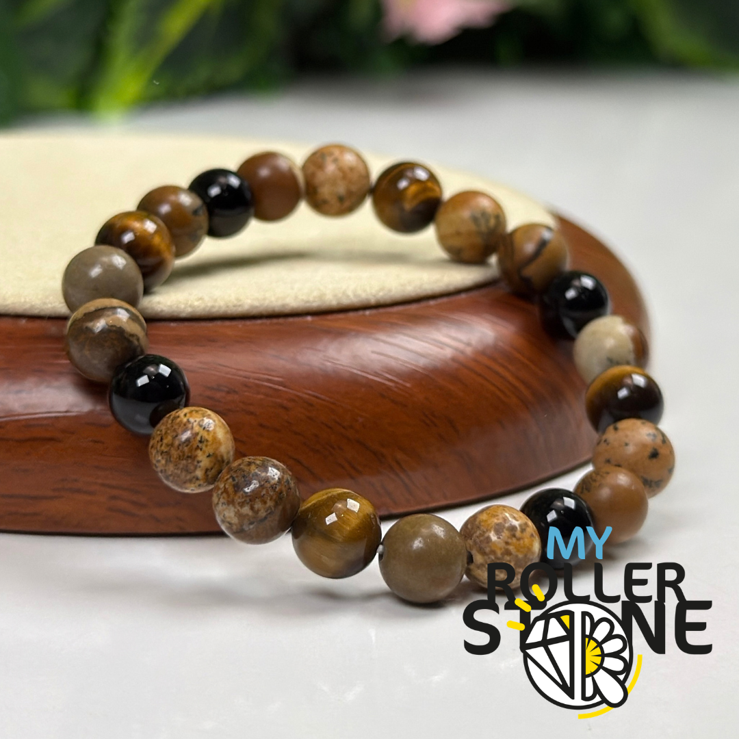 Bracelet Chemin de Vie 4 – Jaspe paysage, Œil de tigre & Onyx noir