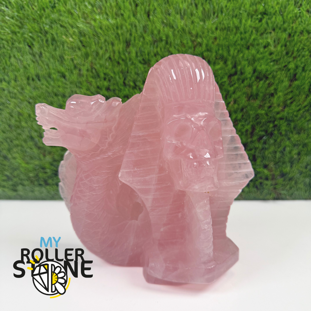 Sculpture en Quartz rose Tete de Pharaon et Dragon