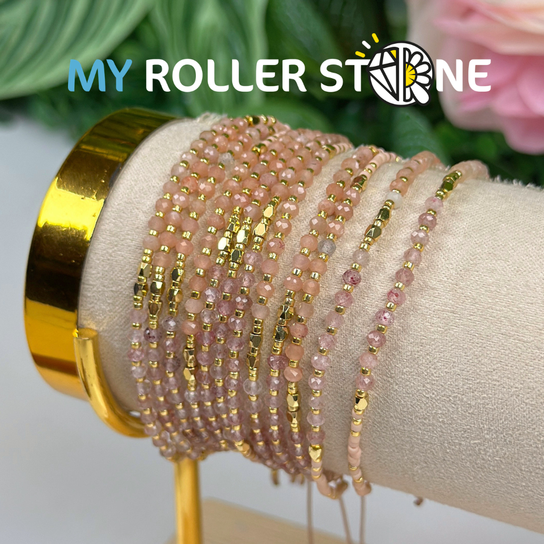 Bracelet réglable Pierre du soleil et Quartz fraise
