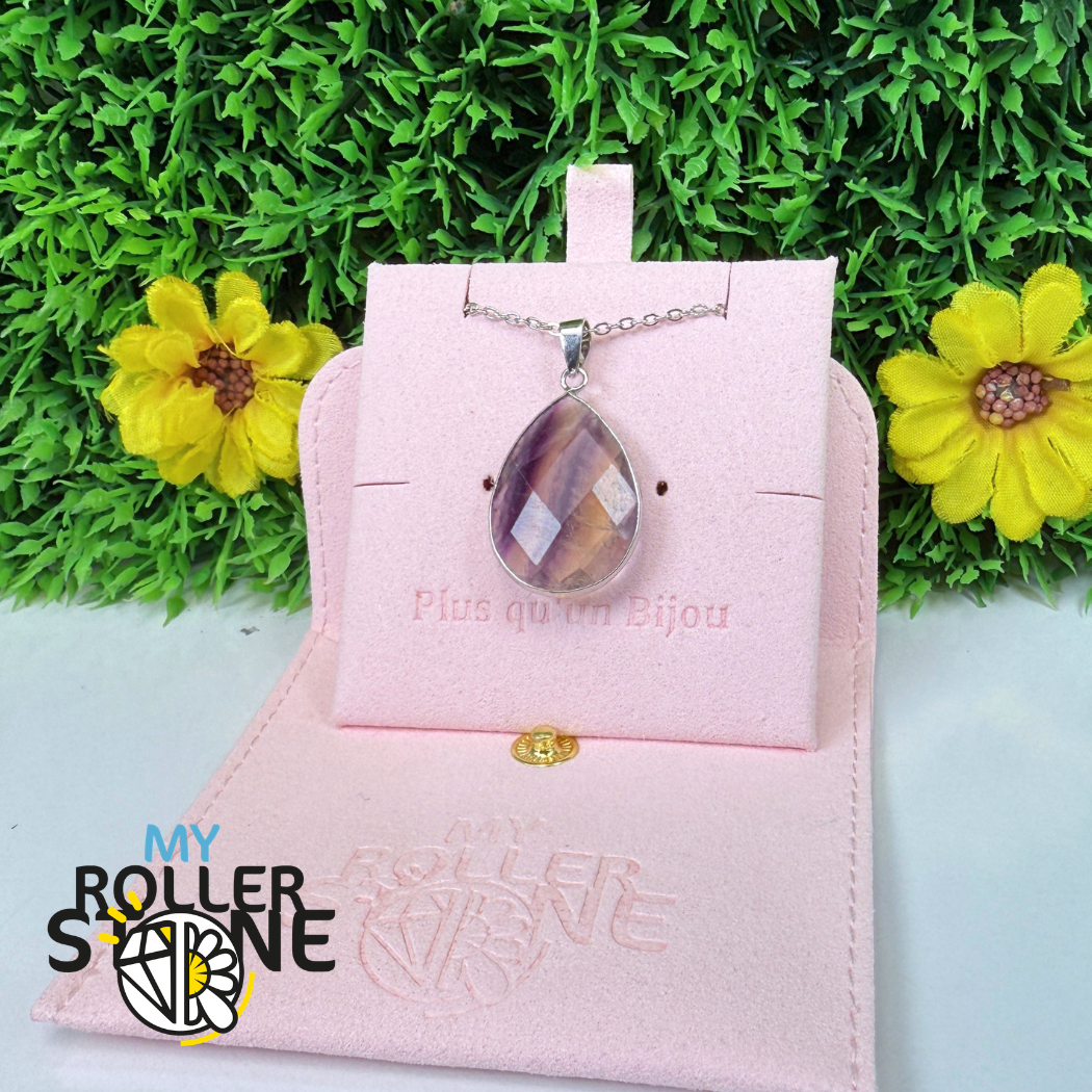 Pendentif Goutte Facettée Fluorite Arc-en-Ciel Serti Doré ou Argenté