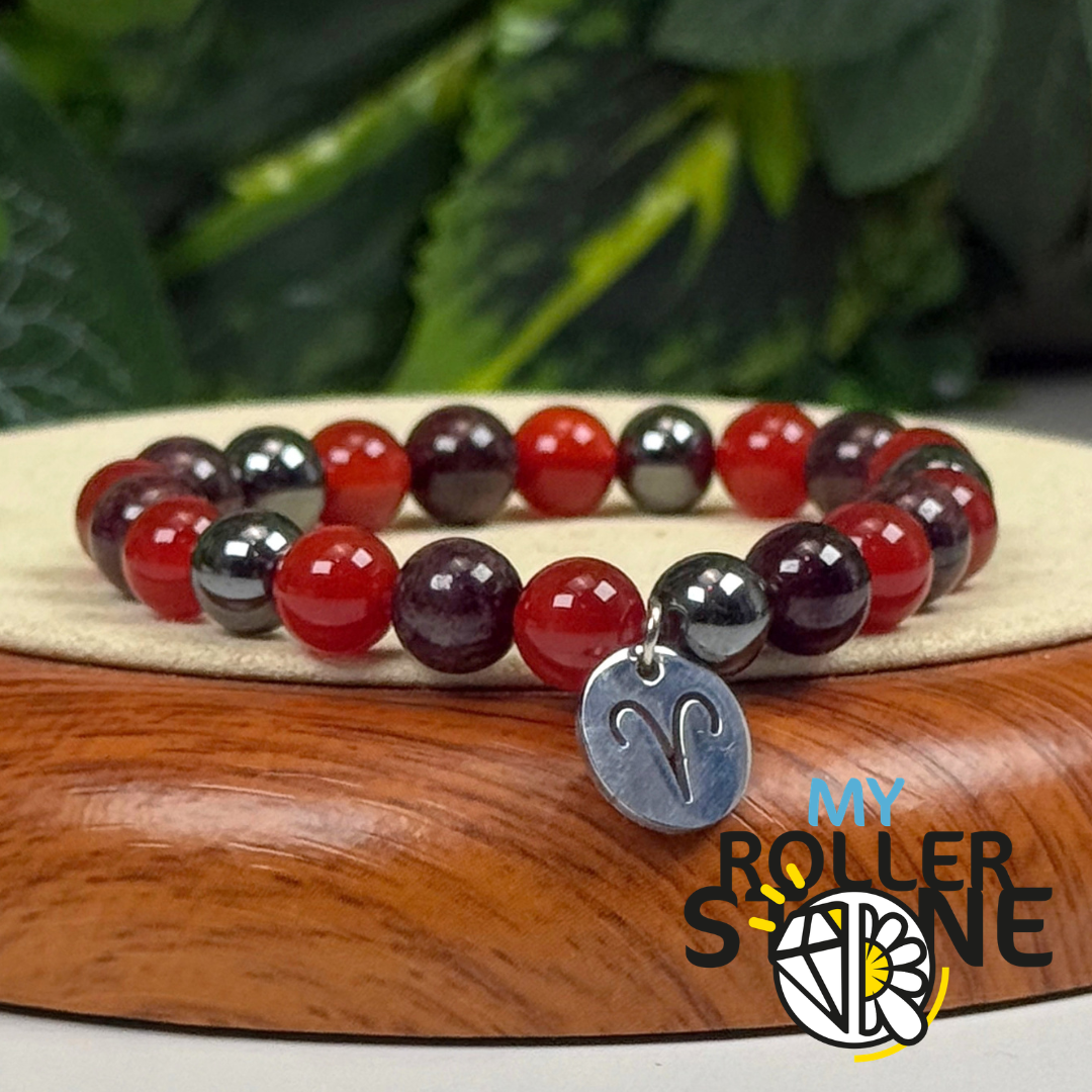 Bracelet Signe Lunaire Bélier – Cornaline, Grenat & Hématite