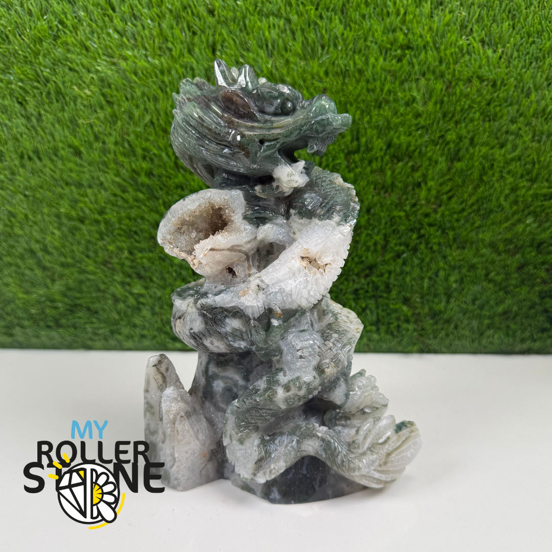 Sculpture en Forme de Dragon en Agate mousse