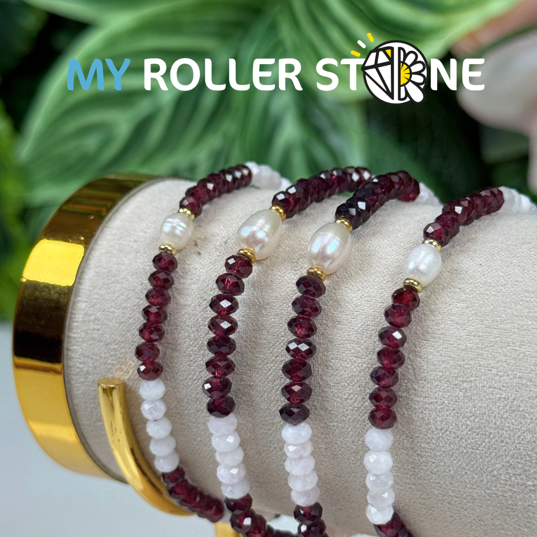 Bracelet Ajustable Pierre de Lune, Grenat et perle de culture