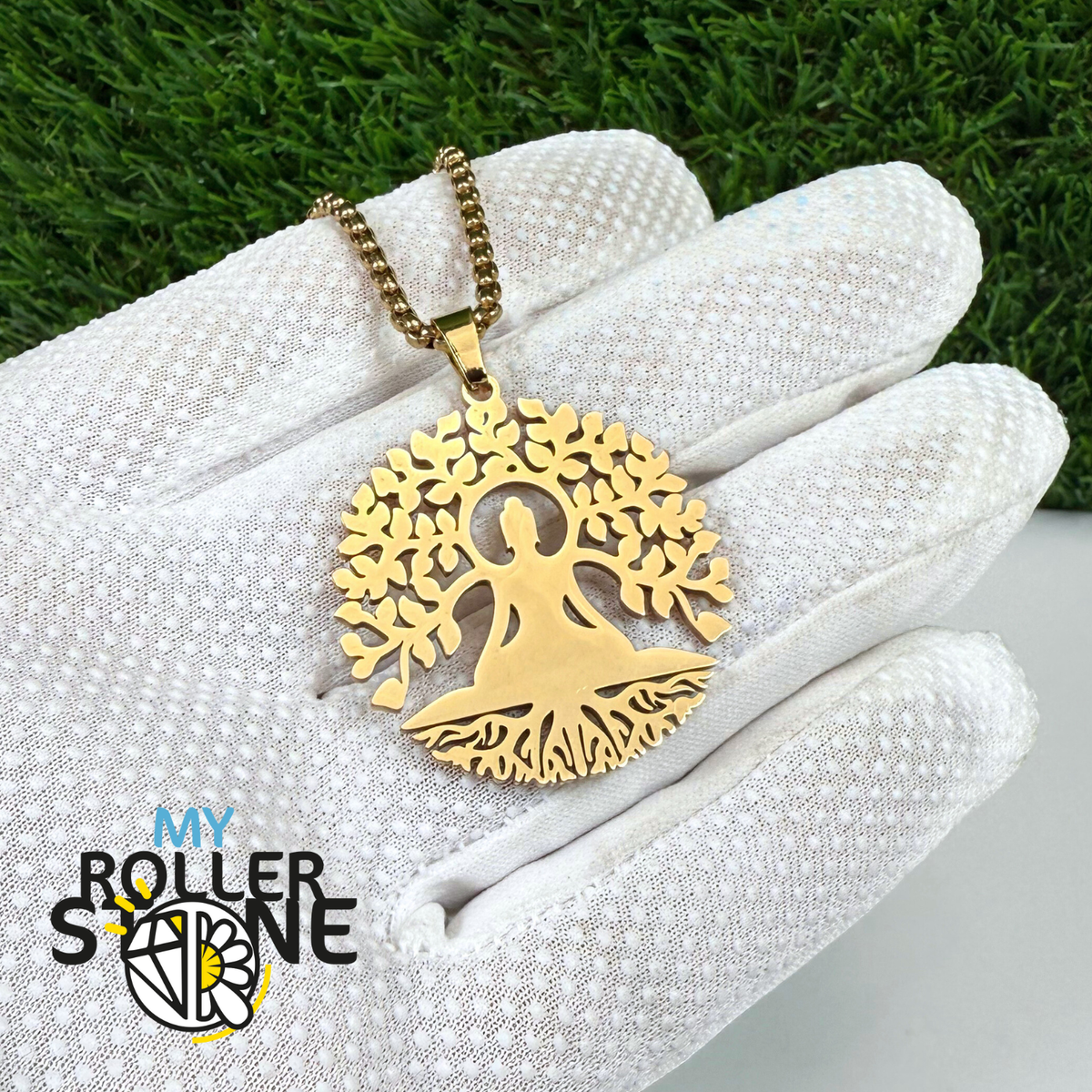 Méditation et Arbre de vie acier inoxydable doré