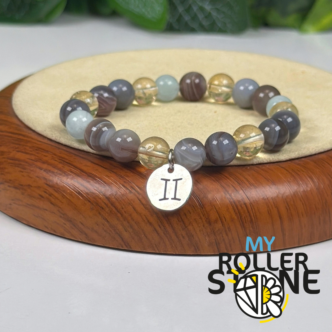 Bracelet Signe Lunaire Gémeaux – Agate du Botswana, Citrine & Aigue-marine