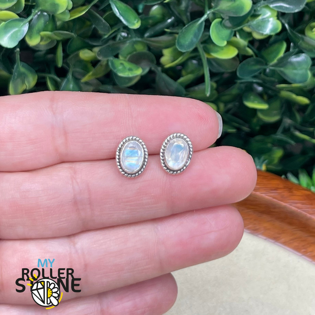 Boucles d&#39;oreilles Pierre de Lune Arc-en-Ciel puce ovale #16