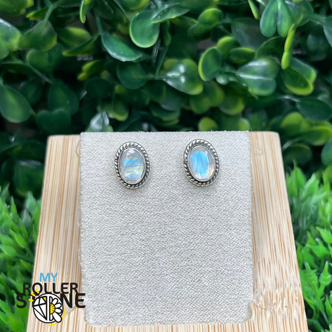 Boucles d&#39;oreilles Pierre de Lune Arc-en-Ciel puce ovale #16
